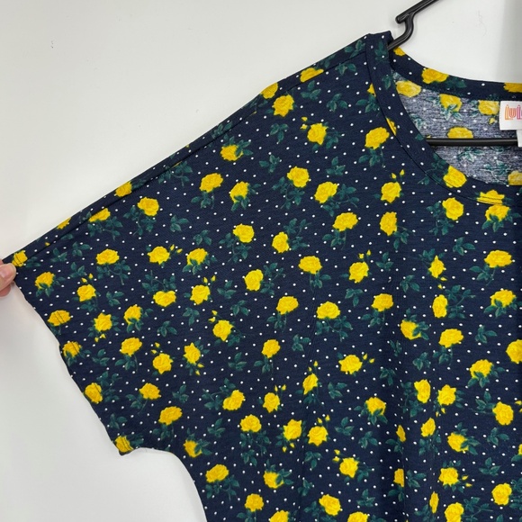 LuLaRoe Size 2XL Midi Dress Navy Blue Yellow Rose Floral Polka Dot Belt Short Sl - Picture 5 of 10